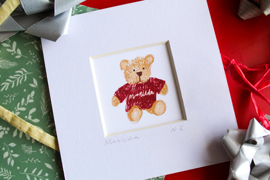 'Christmas Bear' Personalised Name Mini Art Print