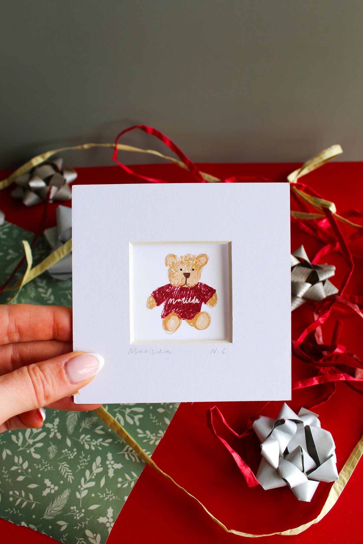 'Christmas Bear' Personalised Name Mini Art Print